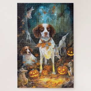 Puzzle Halloween Brittany Spaniel con calabazas aterrador