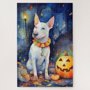 Puzzle Halloween Bull Terrier con calabazas aterradoras