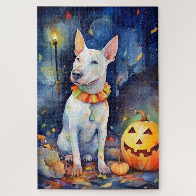 Puzzle Halloween Bull Terrier con calabazas aterradoras (Vertical)