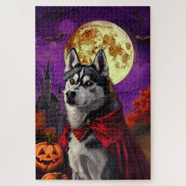 Puzzle Halloween Calabazas Siberianas Husky Vampis asusta (Vertical)