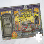Puzzle Halloween Cat and Book Shop<br><div class="desc">Esta pintura de la tienda de libros dulces de Halloween fue creada como la página de octubre de una serie de calendarios de cuevas acuáticas. El The Night Owl Book Shoppe, con una espeluznante pero adorable vidriera de libros llena de decoración brujera, libros fascinantes, decoración de murciélagos, calabazas talladas, libros...</div>