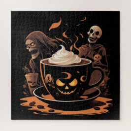 Puzzle Halloween Coffee Art – Spooky Latte with Skeletons