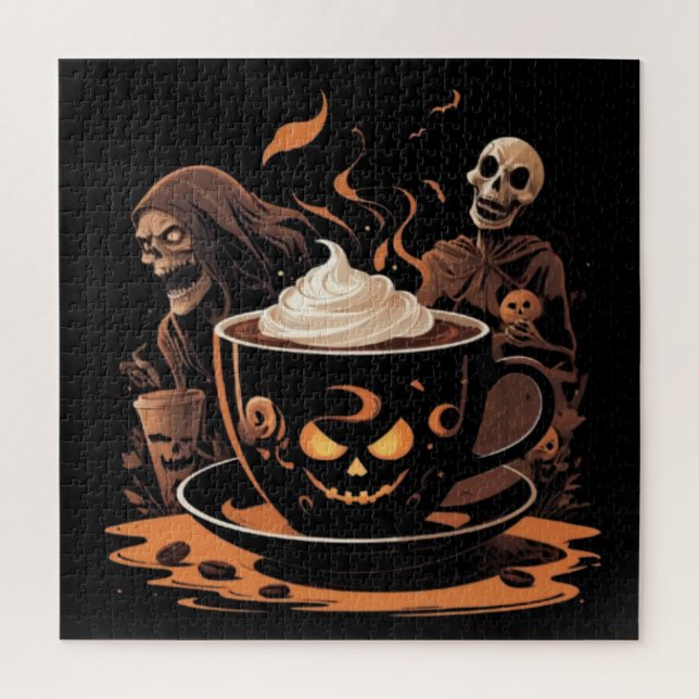 Puzzle Halloween Coffee Art – Spooky Latte with Skeletons (Vertical)