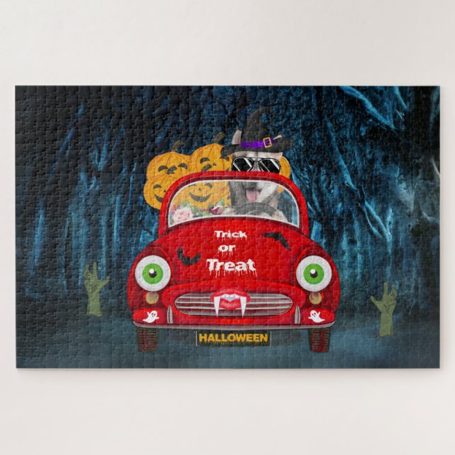 Puzzle Halloween con miedo al perro Husky siberiano (Horizontal)