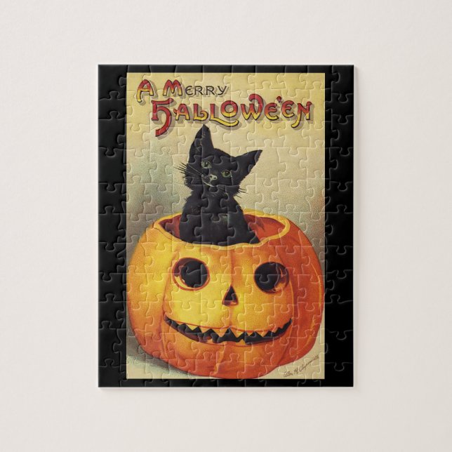 Puzzle Halloween con moras de Ellen Clapsaddle, gato vint (Vertical)