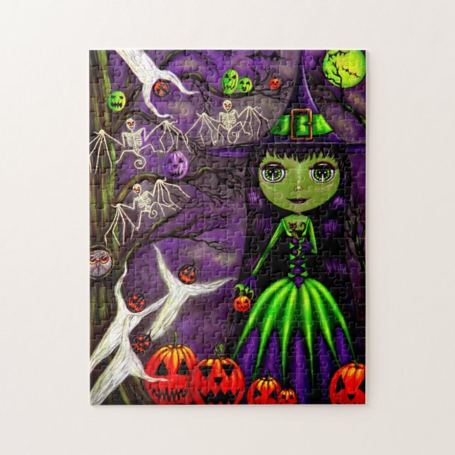 Puzzle Halloween Curte Green Witch Big Eyes (Vertical)