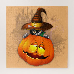 Puzzle Halloween Curte Kitty Witch and Pumpkin Friend
