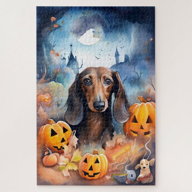Puzzle Halloween de Dachshund con calabazas aterradoras (Vertical)