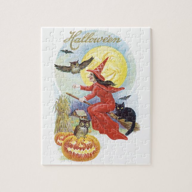 Puzzle Halloween de época, bruja voladora con gato negro (Vertical)