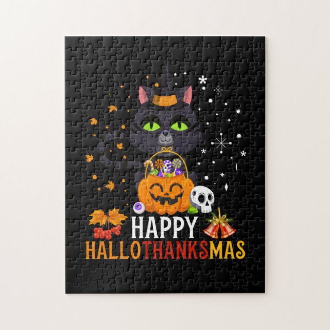 Puzzle Halloween De Gato Negro Y Feliz Navidad (Vertical)