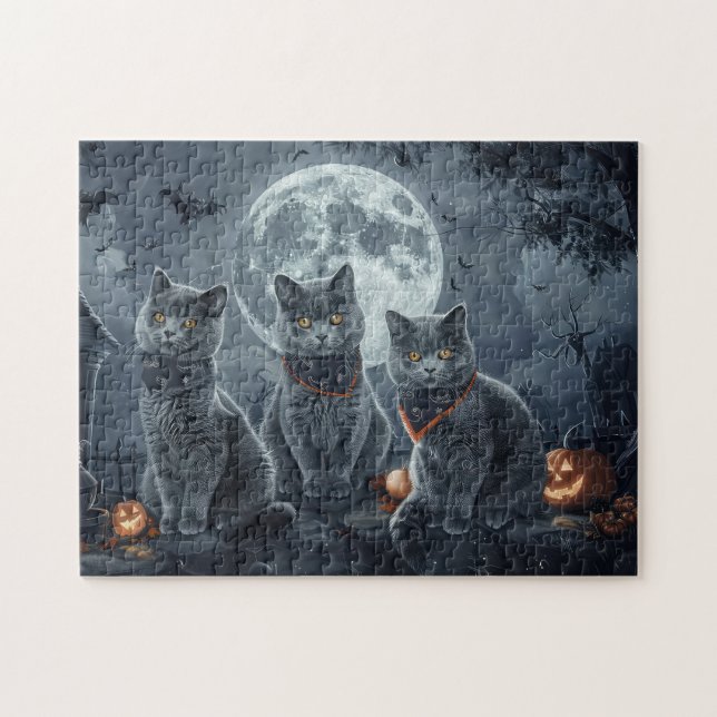 Puzzle Halloween de gatos azules rusos espeluznante (Horizontal)