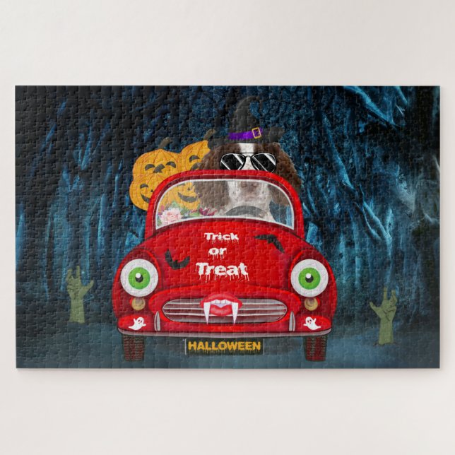 Puzzle Halloween de miedo en auto de perrito español Spri (Horizontal)