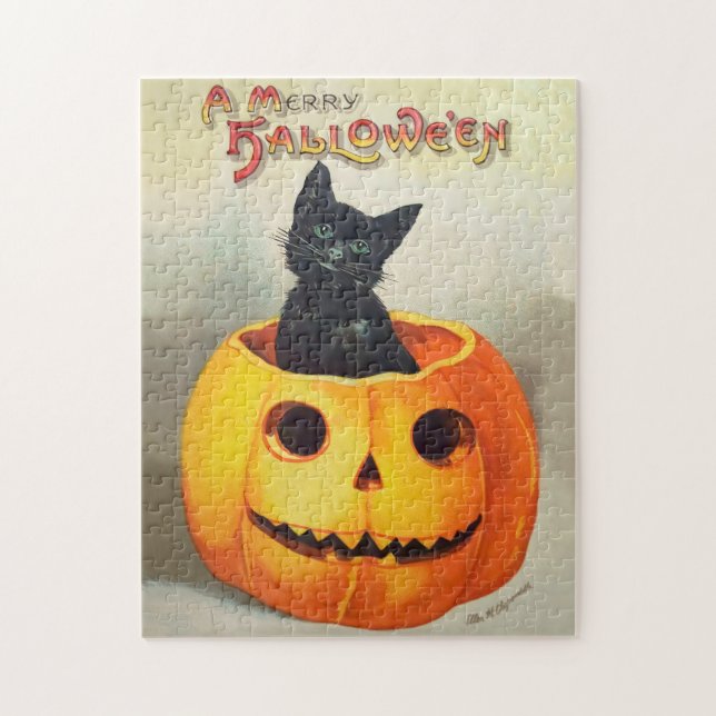 Puzzle Halloween del gato negro del Ilustracion antiguo E (Vertical)