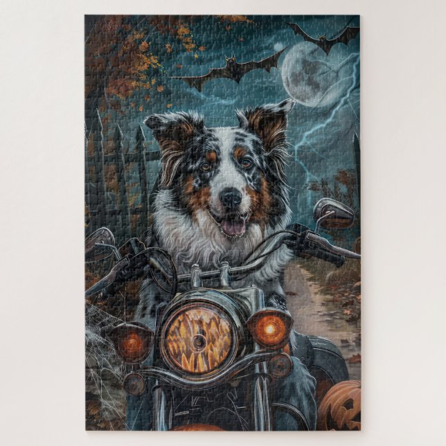 Puzzle Halloween en motocicleta de Pastor Australiano (Vertical)