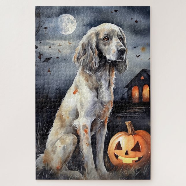 Puzzle Halloween English Setter with Pumpkins Scary (Vertical)