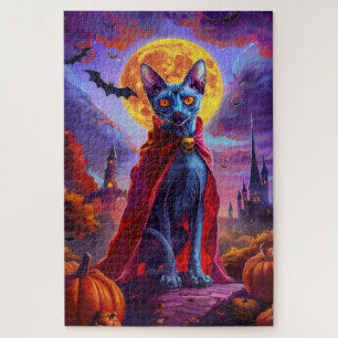 Puzzle Halloween Gato Azul Oriental Vampiro Calabazas Esp