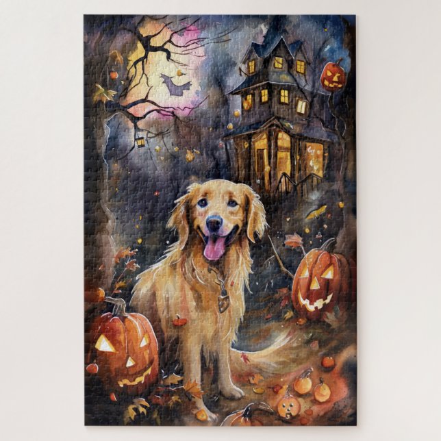 Puzzle Halloween Golden Retriever con calabazas aterrador (Vertical)