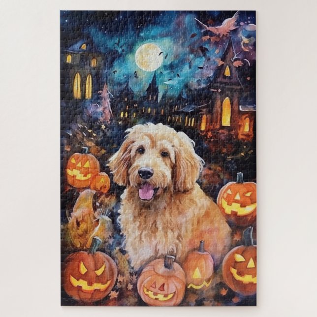 Puzzle Halloween Goldendoodle con calabazas aterradoras (Vertical)