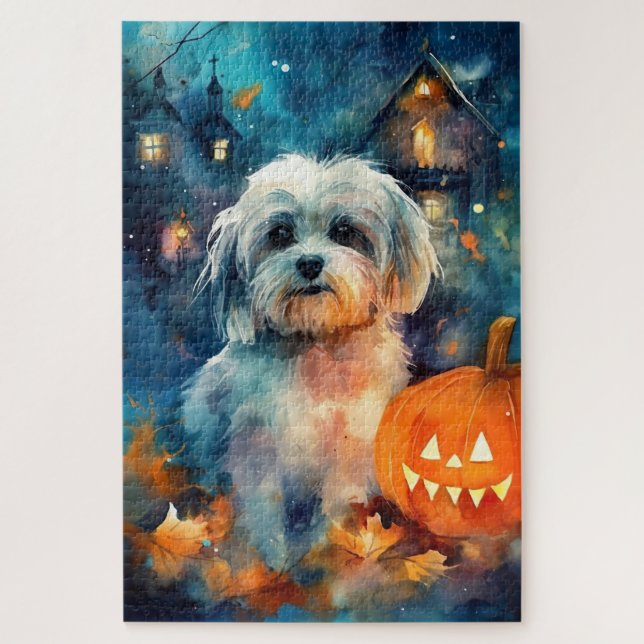 Puzzle Halloween Havanese con calabazas aterradoras (Vertical)