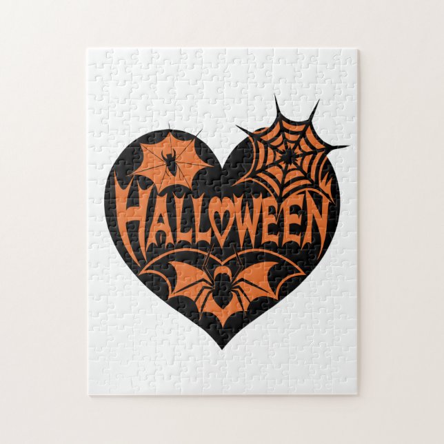 Puzzle Halloween Heart, Black Heart Shape, Spider Web (Vertical)