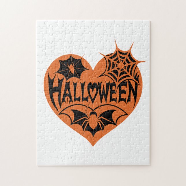 Puzzle Halloween Heart, Orange Heart Shape, Spider Web (Vertical)