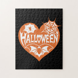Puzzle Halloween Heart, Orange Heart Shape, Spider Web