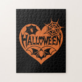 Puzzle Halloween Heart, Orange Heart Shape, Spider Web