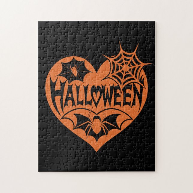 Puzzle Halloween Heart, Orange Heart Shape, Spider Web (Vertical)