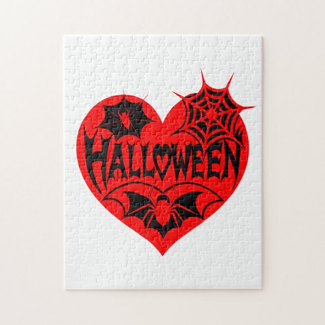 Puzzle Halloween Heart, Red Heart Shape, Spider Web (Vertical)