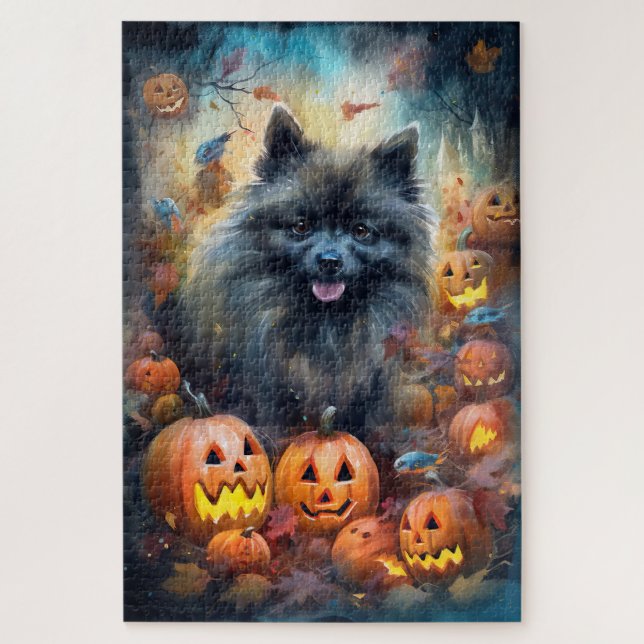 Puzzle Halloween Keeshond con calabazas aterradoras (Vertical)