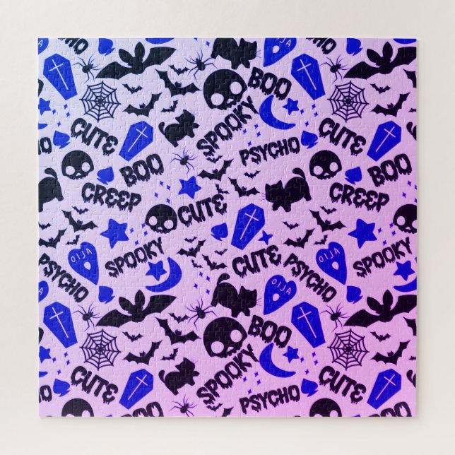 Puzzle Halloween morado, azul y negro lindo y divertido (Vertical)