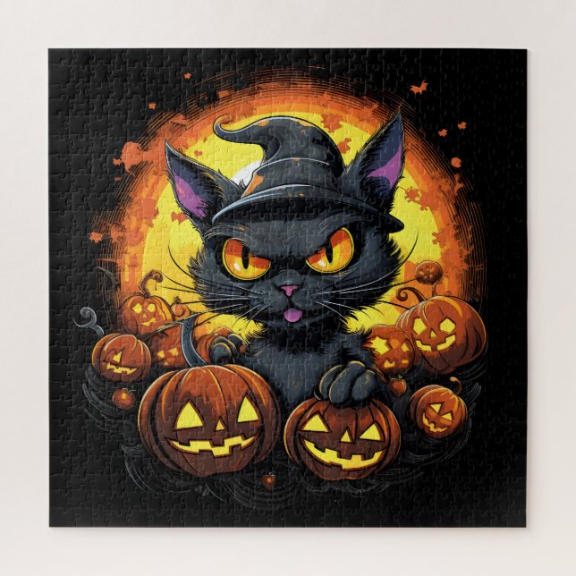Puzzle Halloween Personalizado Spooky Witch Cat (Vertical)