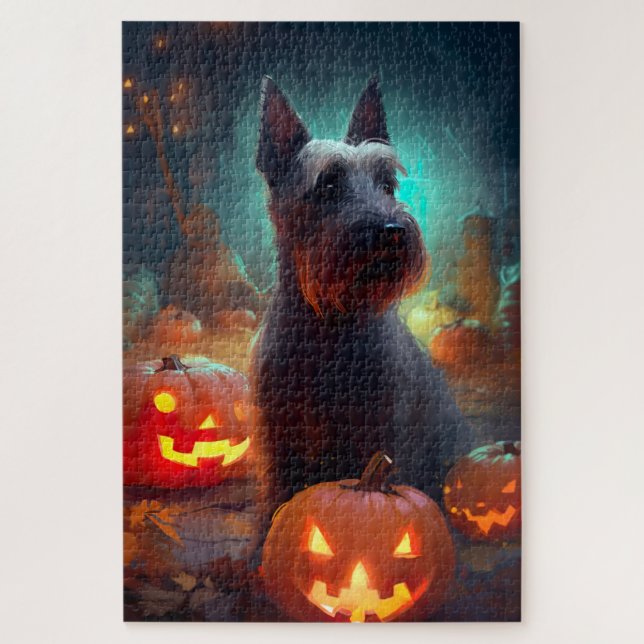 Puzzle Halloween Scottish Terrier con calabazas aterrador (Vertical)