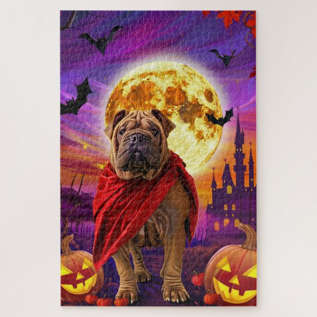 Puzzle Halloween Shar Pei Calabazas de vampiros asustan (Vertical)