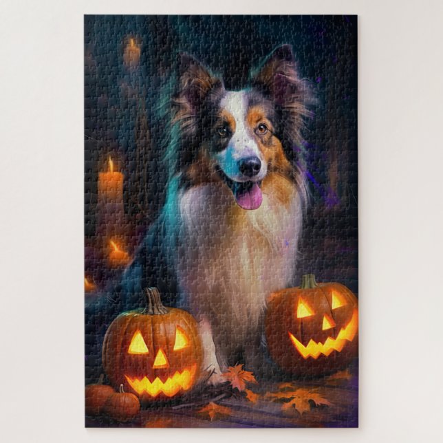 Puzzle Halloween Shetland Sheepdog con calabazas asustada (Vertical)
