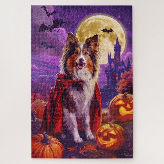 Puzzle Halloween Shetland Sheepdog Vampis Pumpkins Scary (Vertical)