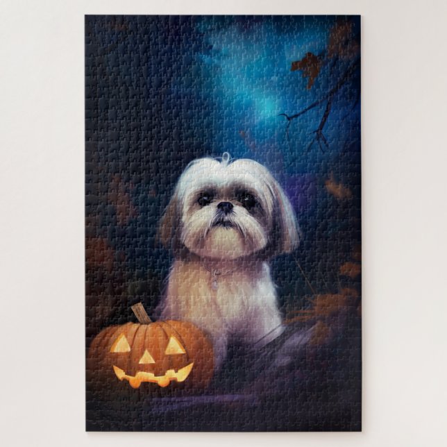 Puzzle Halloween Shih Tzu con calabazas aterradoras (Vertical)