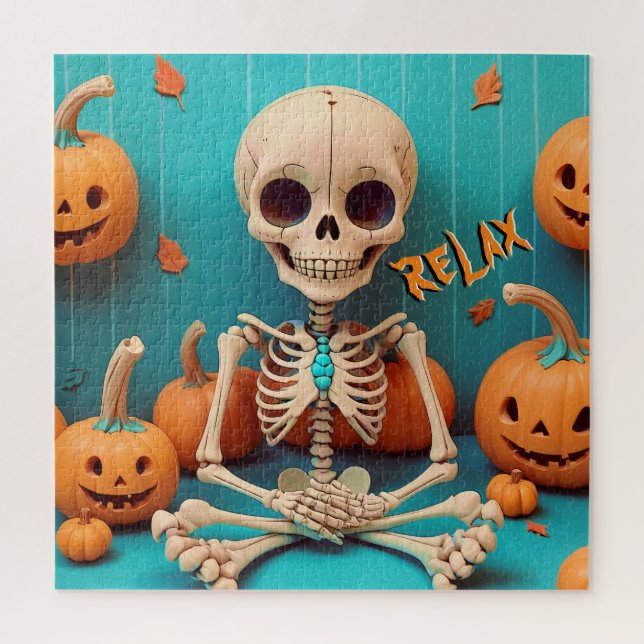 Puzzle Halloween Skeleton Spookkin Naranja Cyan Textos (Vertical)