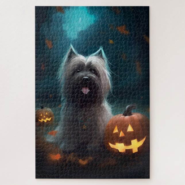 Puzzle Halloween Skye Terrier con calabazas aterradoras (Vertical)