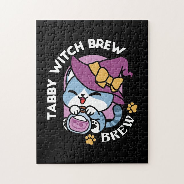 Puzzle Halloween Tabby Cat – Witch Hat & Potion Art (Vertical)