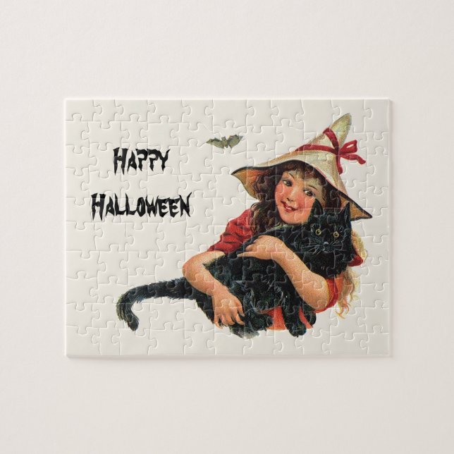 Puzzle Halloween vintage, bruja Chica con gato negro (Horizontal)