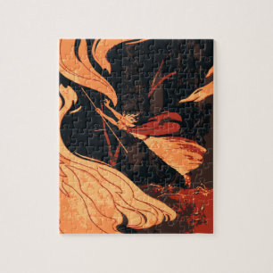 Puzzle Halloween vintage, bruja malvada con fuego en el b