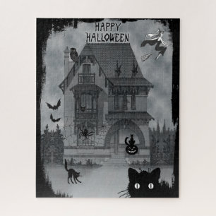 Puzzle Halloween Vintage Gatos Negros Bruja y Murciélagos