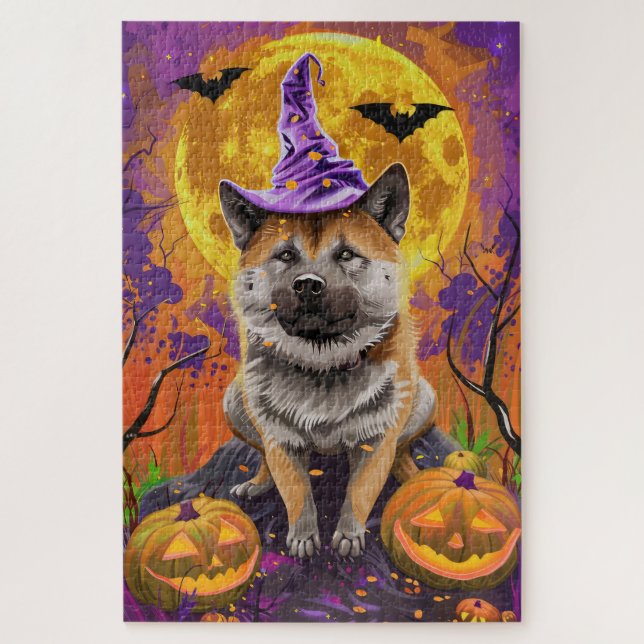 Puzzle Halloween y bruja espeluznante de Akita (Vertical)