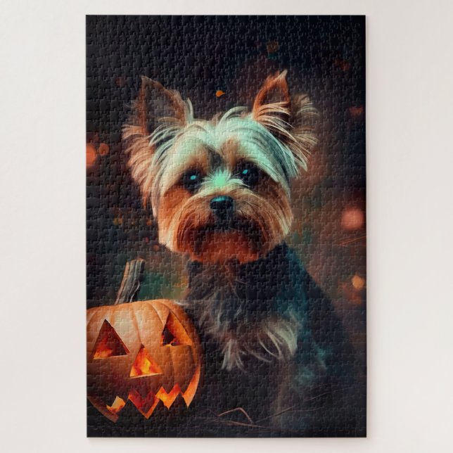 Puzzle Halloween Yorkshire Terrier con calabazas temerosa (Vertical)