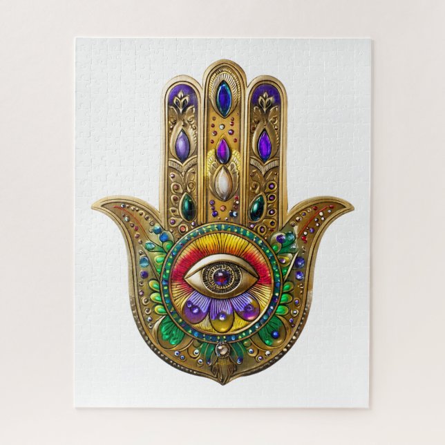 Puzzle Hamsa de oro pintado amatista rubí tercer ojo (Vertical)