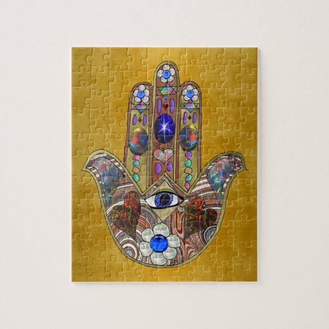 Puzzle Hamsa Hearts Flores: Arte Opal sobre Oro (Vertical)