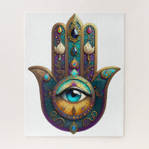 Puzzle Hamsa Violeta Dorado Teal con Tercer Ojo Turquesa