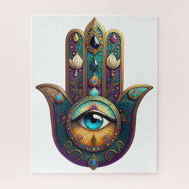 Puzzle Hamsa Violeta Dorado Teal con Tercer Ojo Turquesa (Vertical)