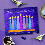 Puzzle Hanukkah Blue Boho Patrón de velas Paz Luz de amor<br><div class="desc">"Paz, amor y luz". Un ilustracion juguetón, moderno y artístico de velas de patrón boho en una menorah te ayuda a iniciar las vacaciones de Hanukkah. Las variadas velas azules con coloridos patrones de Relieve metalizado falsos superponen un fondo rico y azul profundo con texturas. Sienta el calor y la...</div>